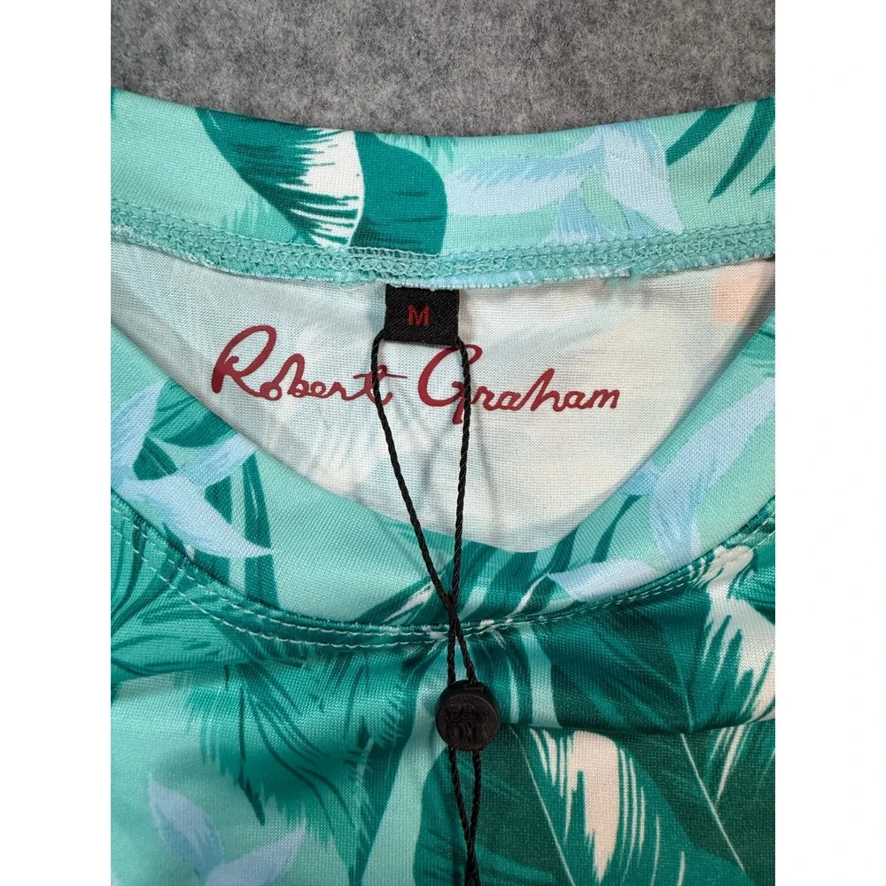 Robert Graham Mens Teal Tropical Palm Floral UPF 50+ Rash Guard Swim Shirt M NEW